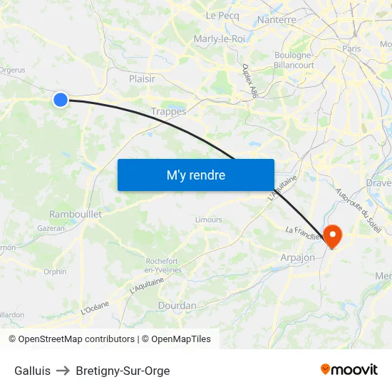 Galluis to Bretigny-Sur-Orge map