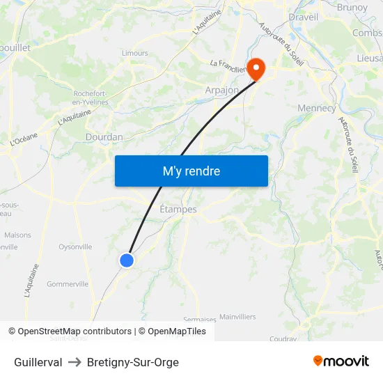 Guillerval to Bretigny-Sur-Orge map