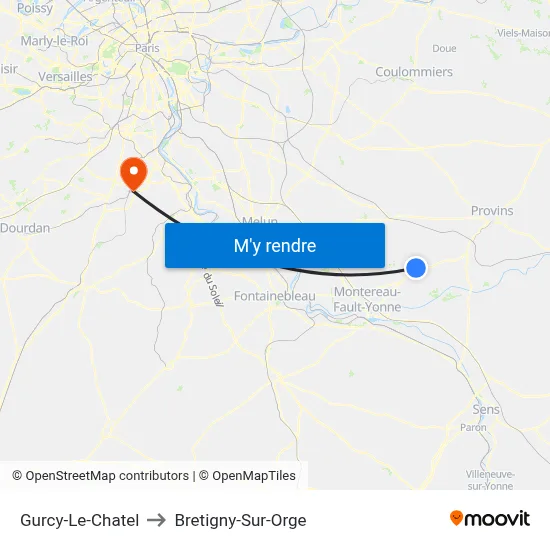 Gurcy-Le-Chatel to Bretigny-Sur-Orge map