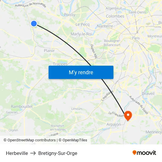 Herbeville to Bretigny-Sur-Orge map