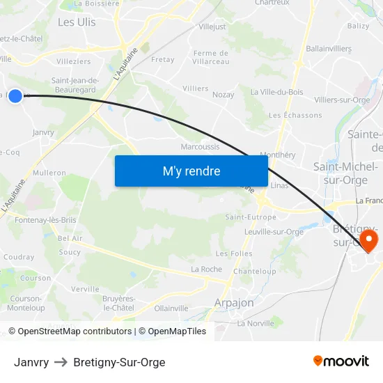 Janvry to Bretigny-Sur-Orge map