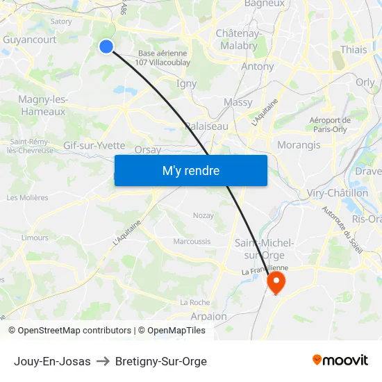 Jouy-En-Josas to Bretigny-Sur-Orge map