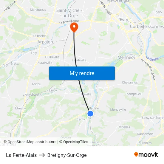 La Ferte-Alais to Bretigny-Sur-Orge map