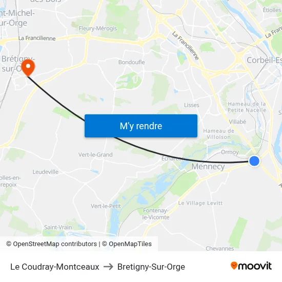 Le Coudray-Montceaux to Bretigny-Sur-Orge map