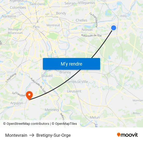 Montevrain to Bretigny-Sur-Orge map