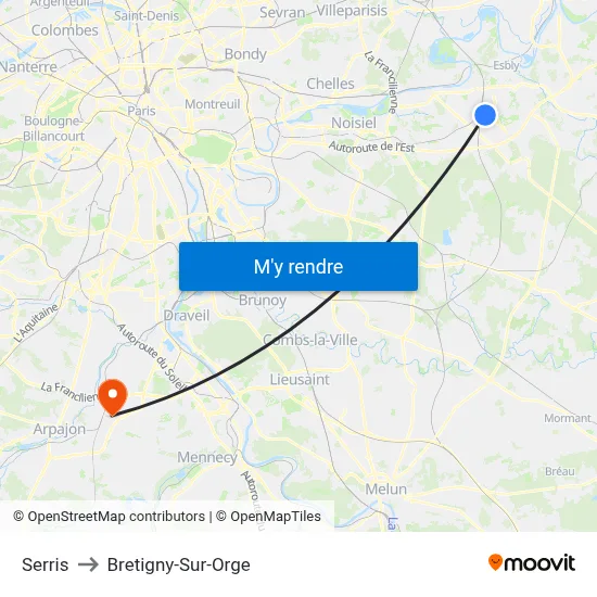 Serris to Bretigny-Sur-Orge map