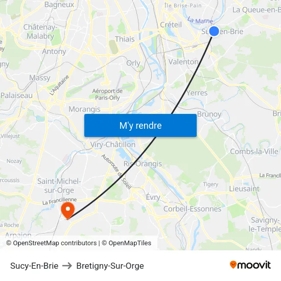 Sucy-En-Brie to Bretigny-Sur-Orge map