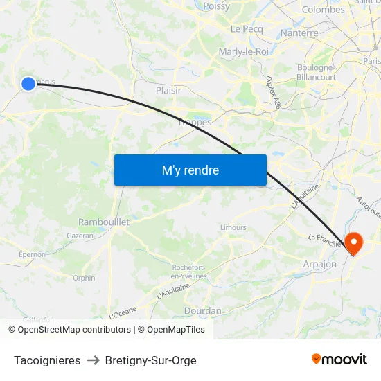 Tacoignieres to Bretigny-Sur-Orge map