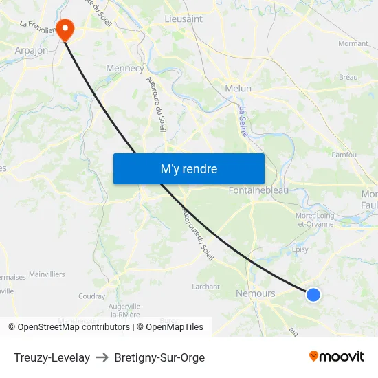 Treuzy-Levelay to Bretigny-Sur-Orge map
