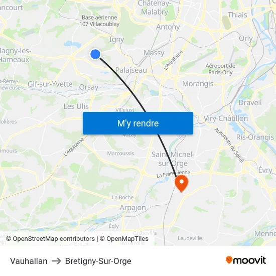 Vauhallan to Bretigny-Sur-Orge map