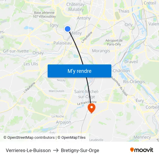 Verrieres-Le-Buisson to Bretigny-Sur-Orge map