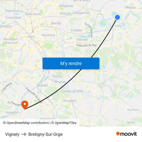 Vignely to Bretigny-Sur-Orge map