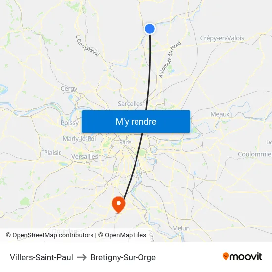 Villers-Saint-Paul to Bretigny-Sur-Orge map