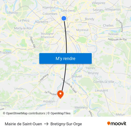 Mairie de Saint-Ouen to Bretigny-Sur-Orge map