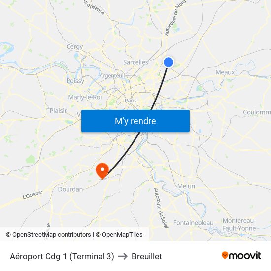 Aéroport Cdg 1 (Terminal 3) to Breuillet map