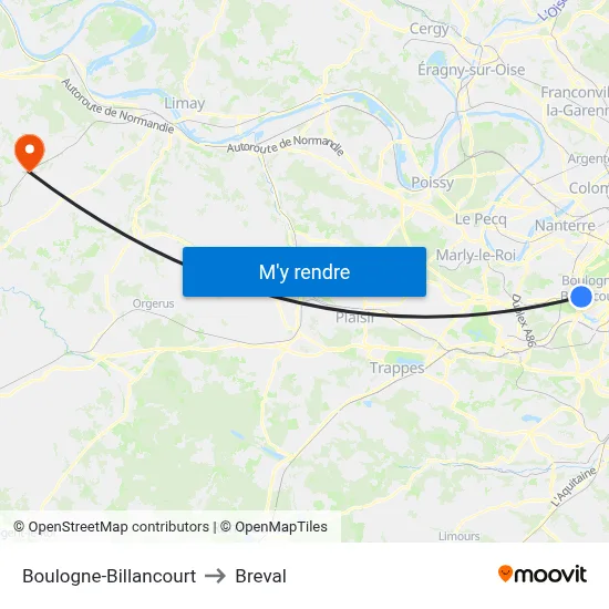 Boulogne-Billancourt to Breval map