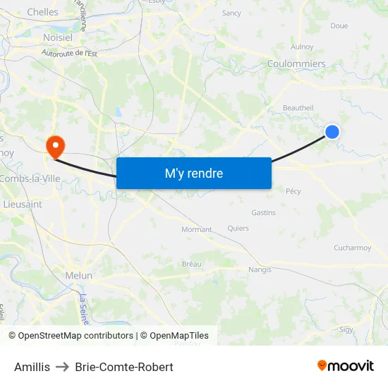 Amillis to Brie-Comte-Robert map