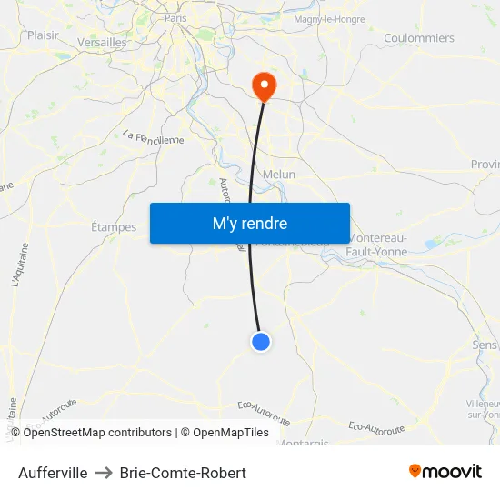 Aufferville to Brie-Comte-Robert map