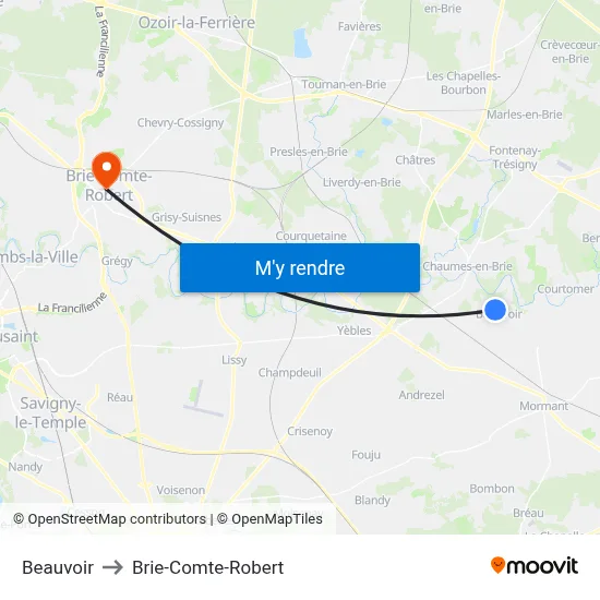 Beauvoir to Brie-Comte-Robert map