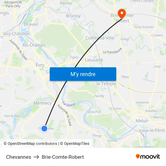 Chevannes to Brie-Comte-Robert map
