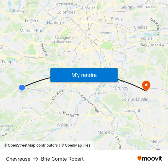 Chevreuse to Brie-Comte-Robert map