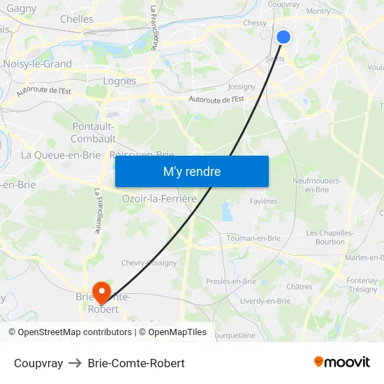 Coupvray to Brie-Comte-Robert map