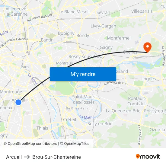 Arcueil to Brou-Sur-Chantereine map