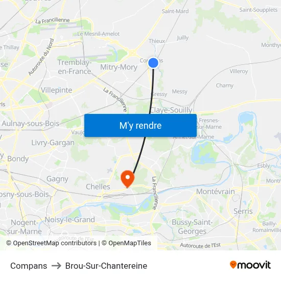 Compans to Brou-Sur-Chantereine map