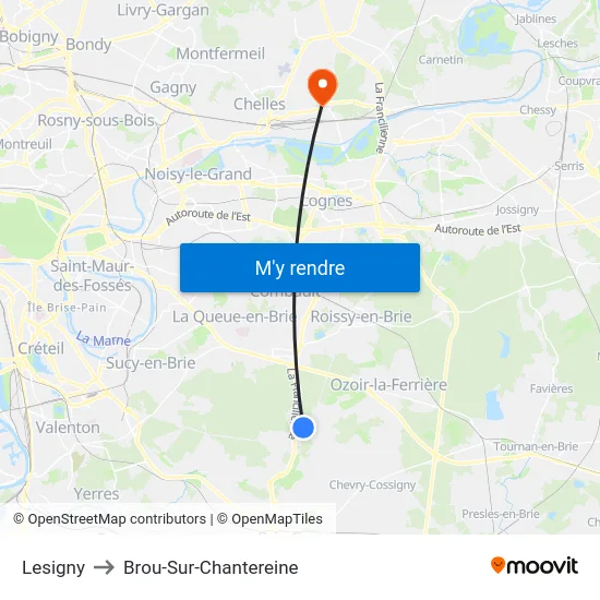 Lesigny to Brou-Sur-Chantereine map