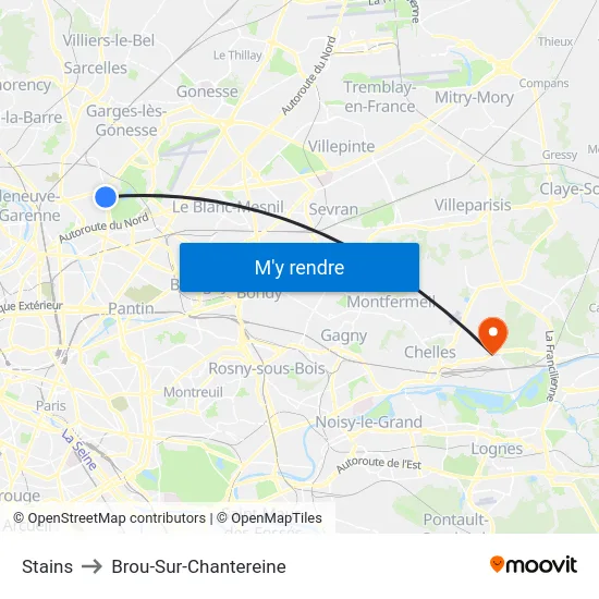 Stains to Brou-Sur-Chantereine map