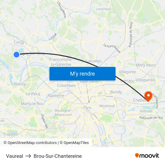 Vaureal to Brou-Sur-Chantereine map