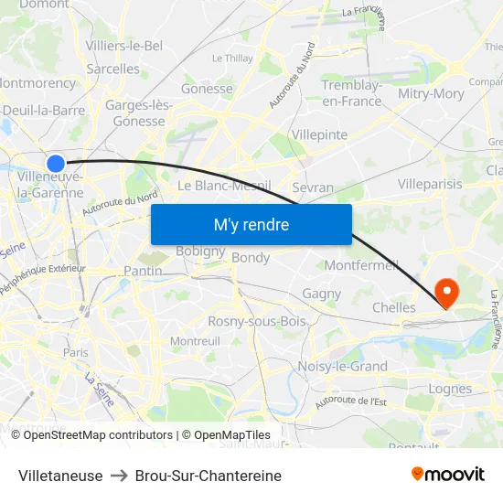 Villetaneuse to Brou-Sur-Chantereine map