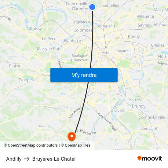 Andilly to Bruyeres-Le-Chatel map