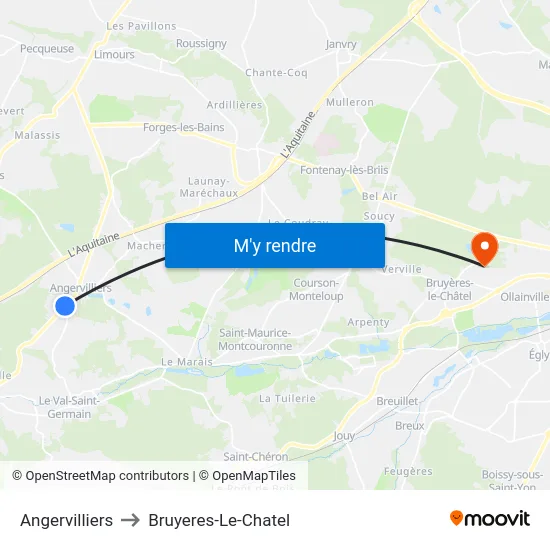 Angervilliers to Bruyeres-Le-Chatel map