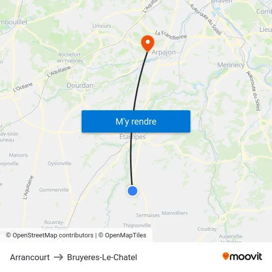Arrancourt to Bruyeres-Le-Chatel map