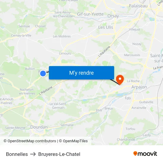 Bonnelles to Bruyeres-Le-Chatel map