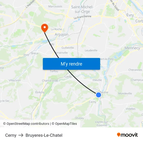 Cerny to Bruyeres-Le-Chatel map
