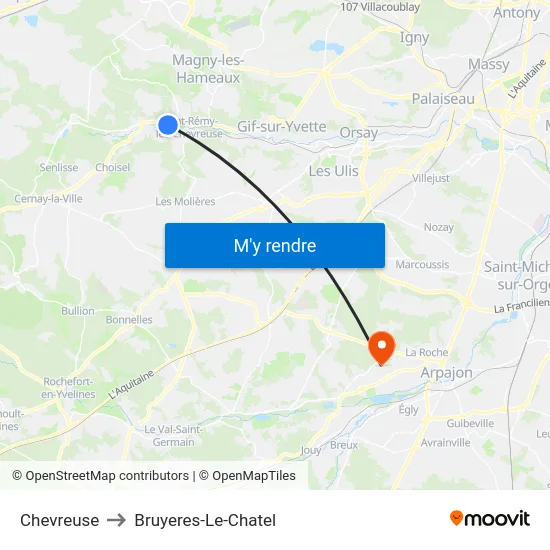 Chevreuse to Bruyeres-Le-Chatel map