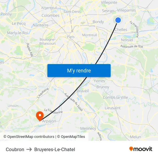 Coubron to Bruyeres-Le-Chatel map