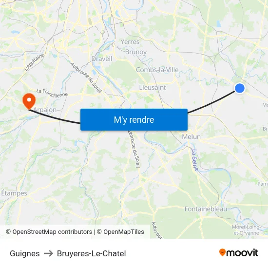 Guignes to Bruyeres-Le-Chatel map
