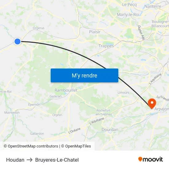 Houdan to Bruyeres-Le-Chatel map