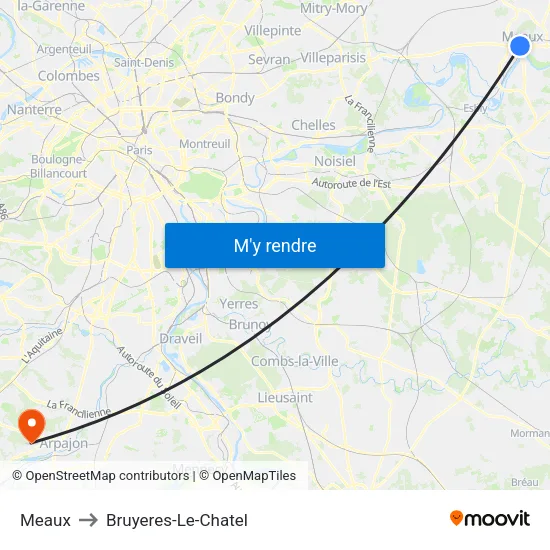 Meaux to Bruyeres-Le-Chatel map