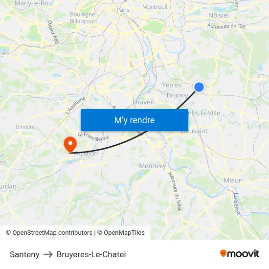 Santeny to Bruyeres-Le-Chatel map