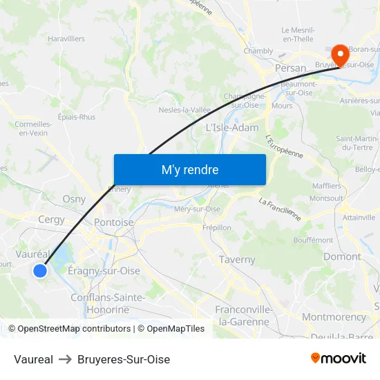 Vaureal to Bruyeres-Sur-Oise map