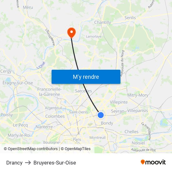 Drancy to Bruyeres-Sur-Oise map