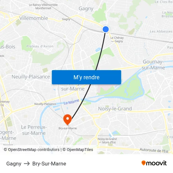 Gagny to Bry-Sur-Marne map