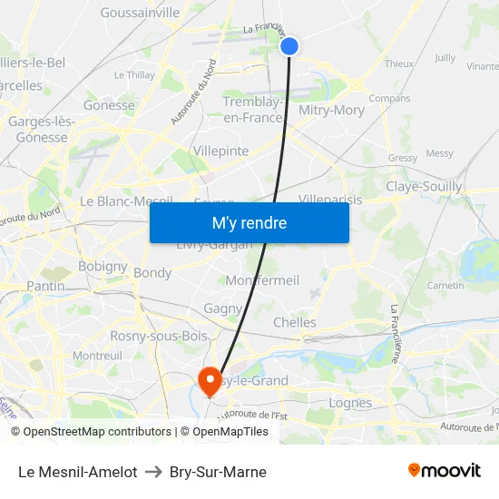 Le Mesnil-Amelot to Bry-Sur-Marne map