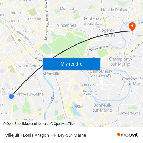 Villejuif - Louis Aragon to Bry-Sur-Marne map