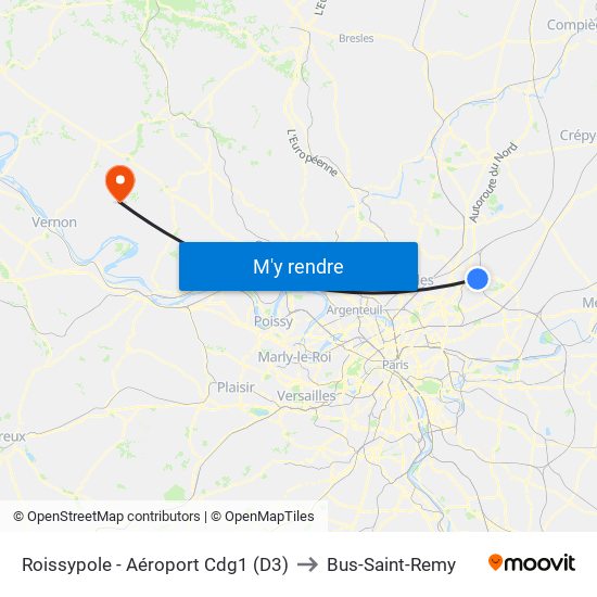 Roissypole - Aéroport Cdg1 (D3) to Bus-Saint-Remy map