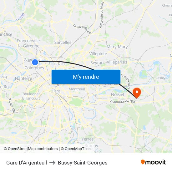 Gare D'Argenteuil to Bussy-Saint-Georges map